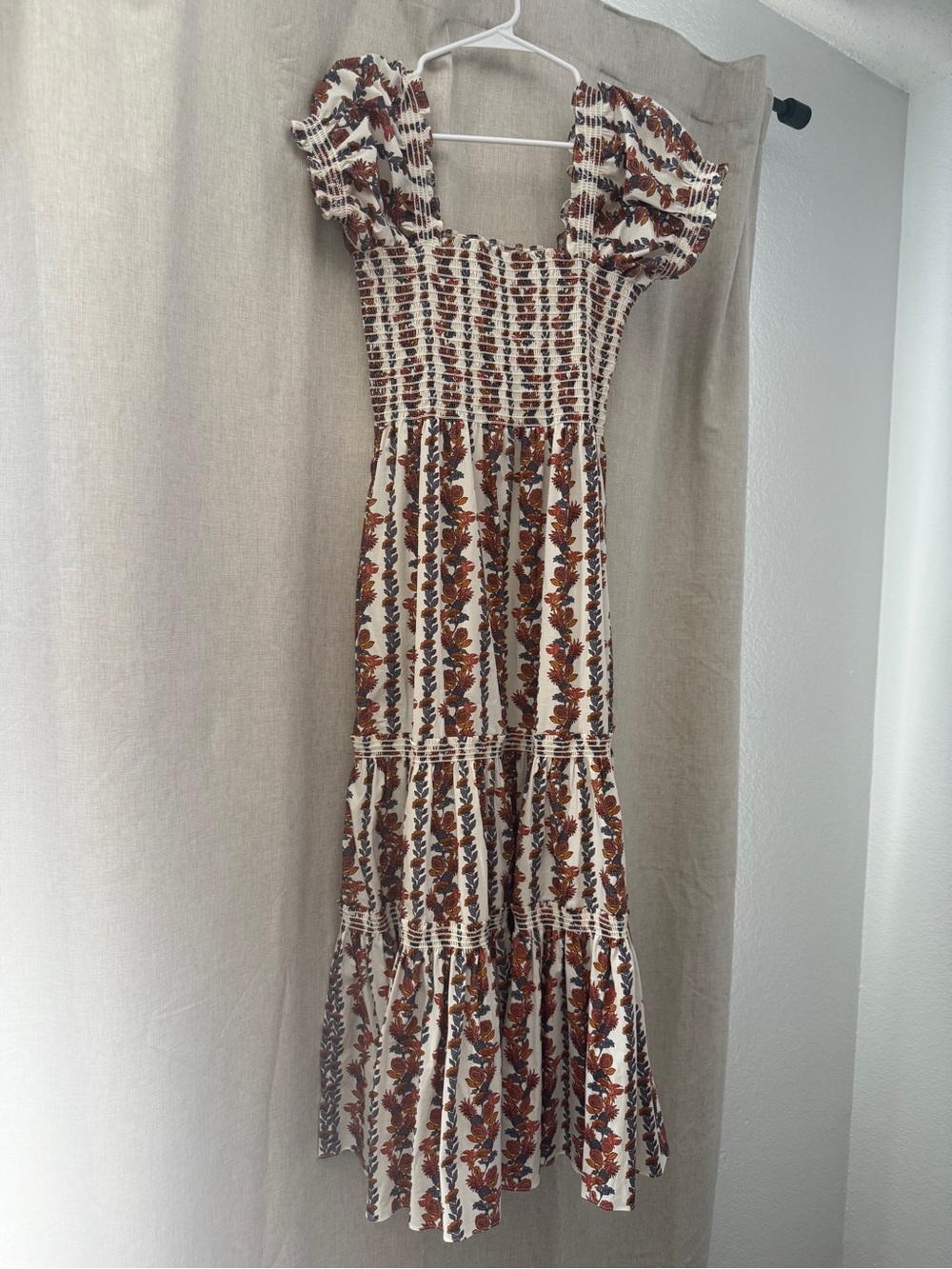 O.P.T Daphne Smocked Puff Sleeve Midi Dress in Cream and Brown Floral
